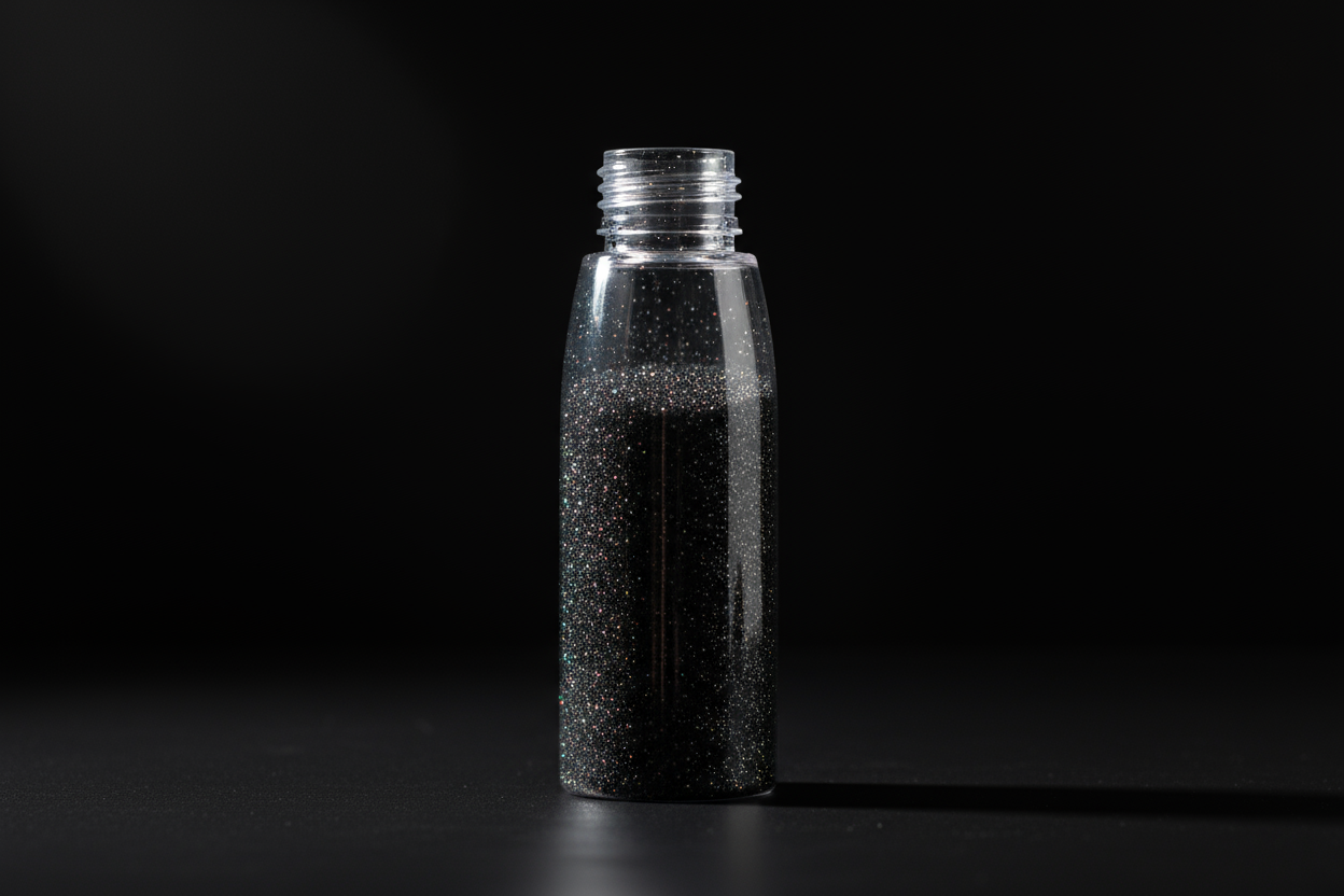 Plastic bottle of black glitter on black background