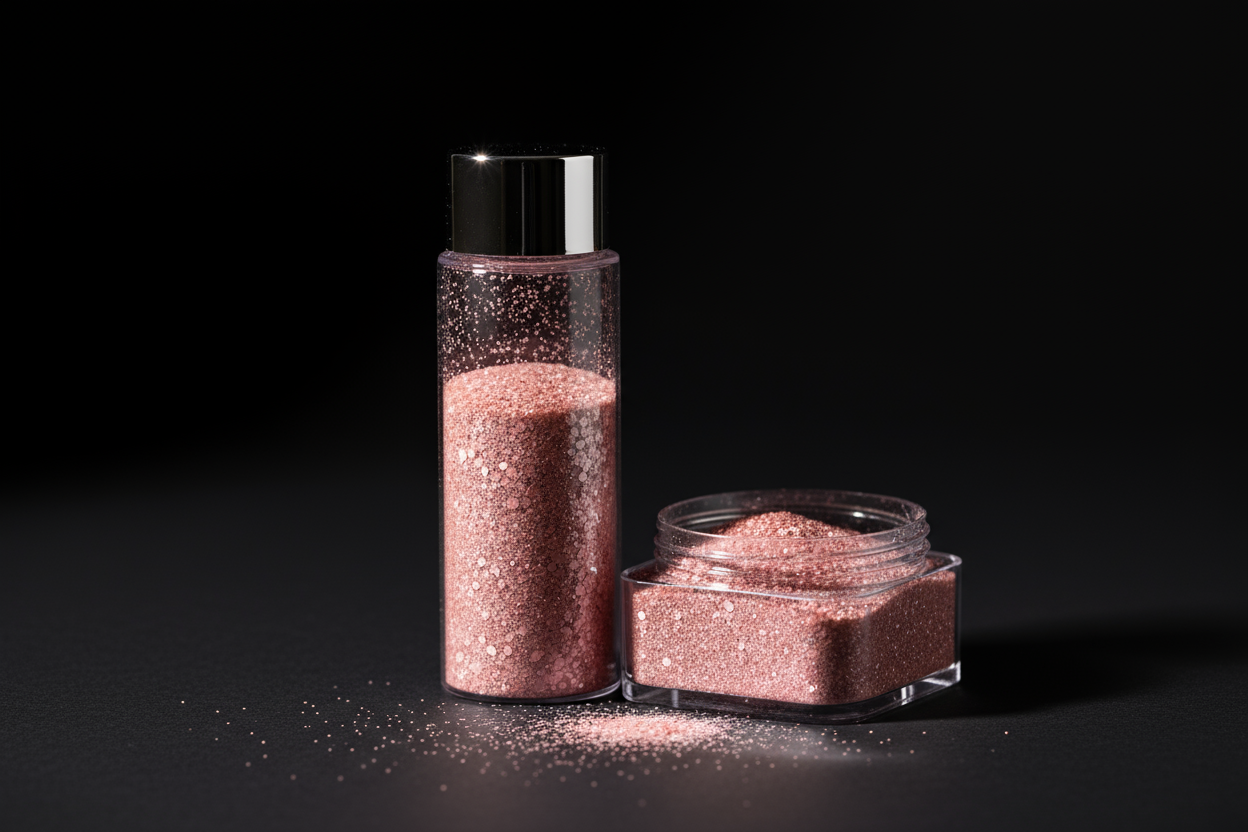 Plastic bottle of blush pink glitter on black background