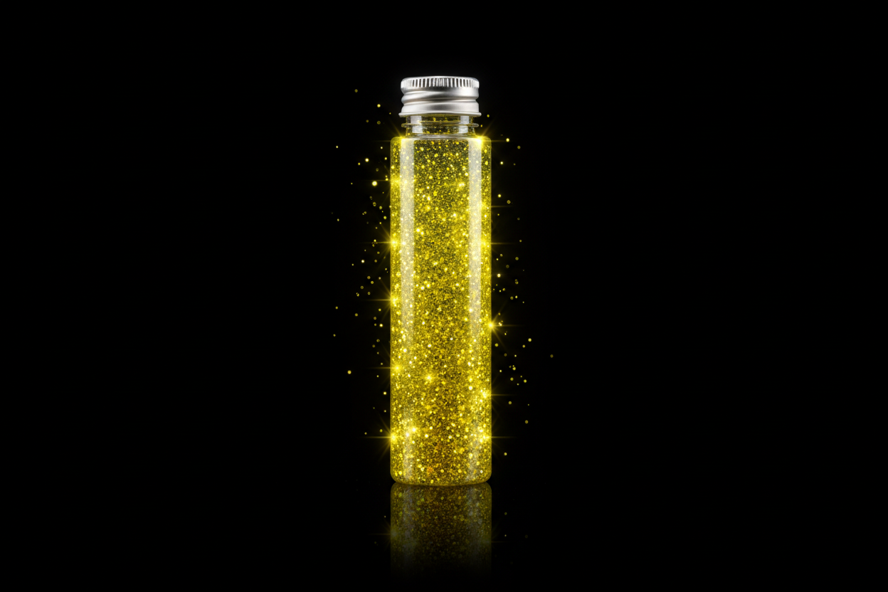 Plastic bottle of bright yellow glitter on black background