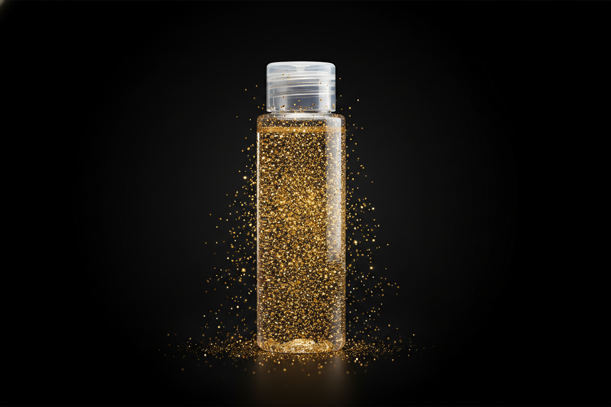 Plastic bottle of gold glitter on black background