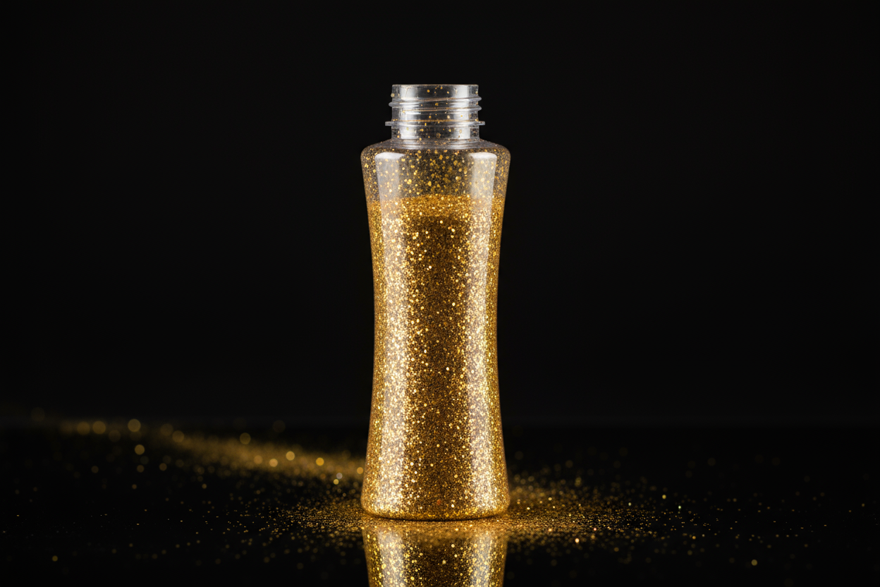Plastic bottle of gold yellow glitter on black background