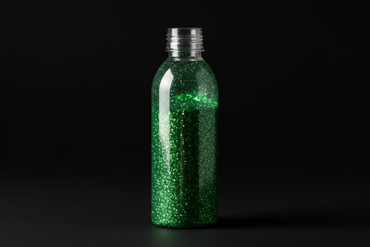 Plastic bottle of grass green glitter on black background