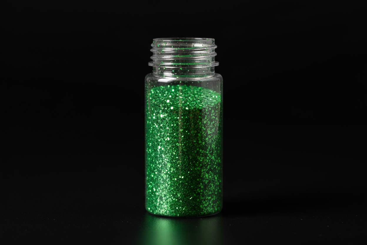 Plastic bottle of leprechaun green glitter on black background