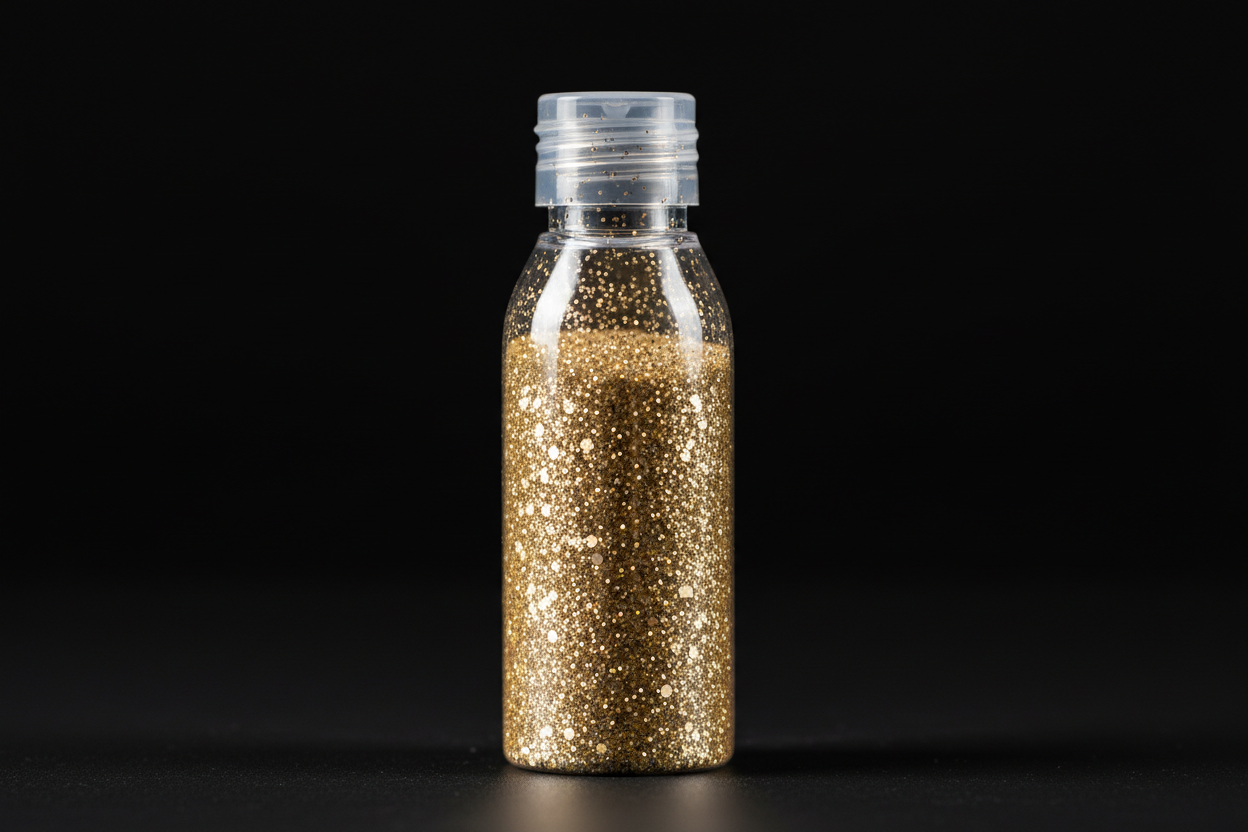 Plastic bottle of light gold glitter on black background