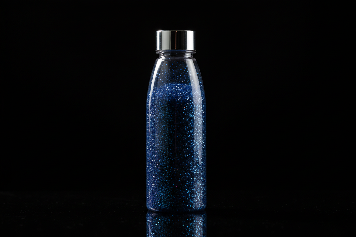 Plastic bottle of navy blue glitter on black background