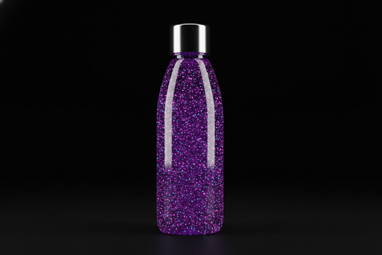 Plastic bottle of purple glitter on black background