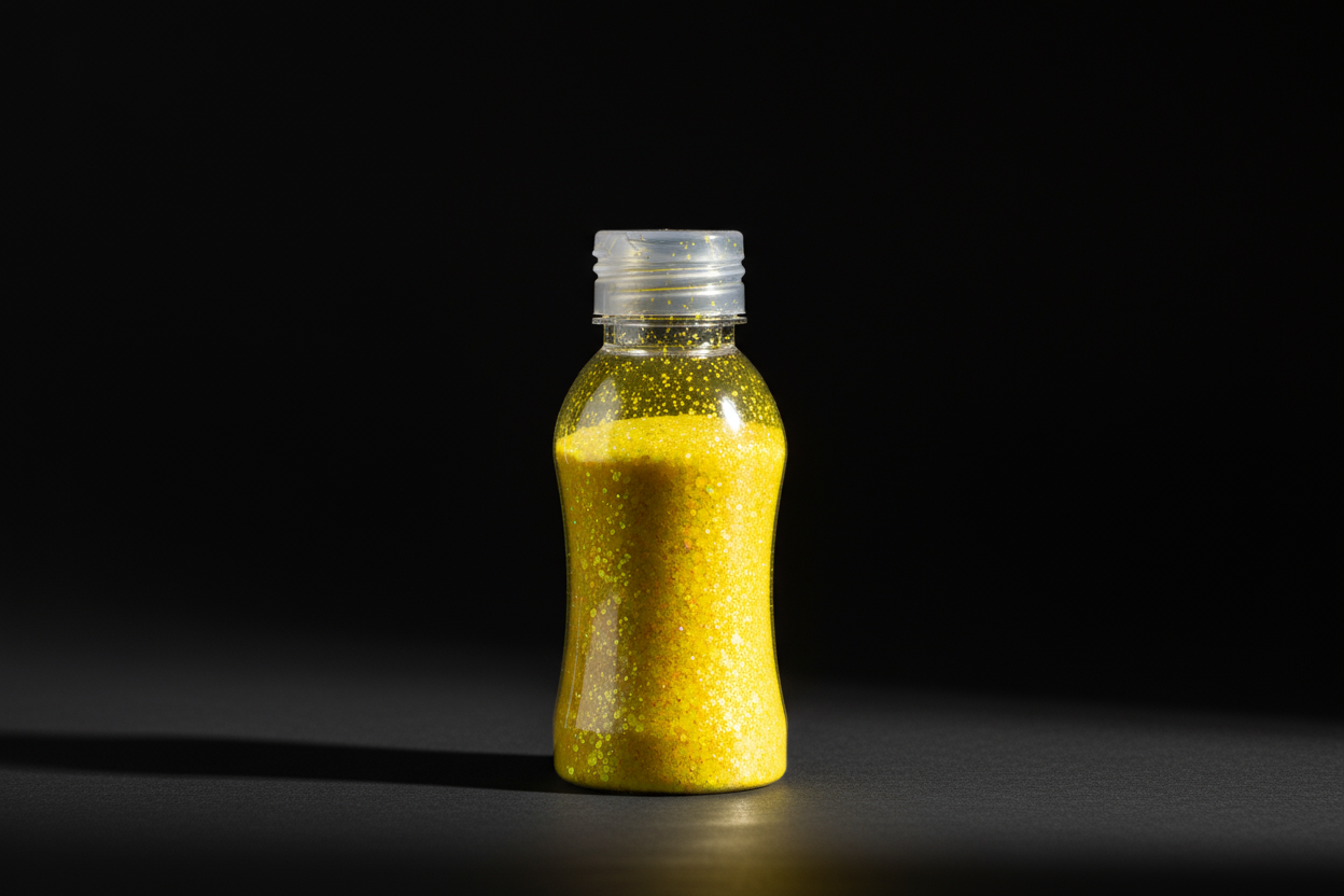 Plastic bottle of sunshine yellow glitter on black background