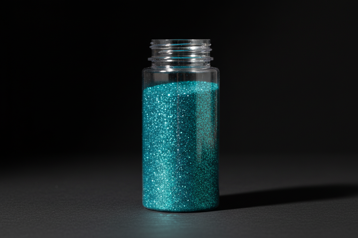 Plastic bottle of teal blue glitter on black background
