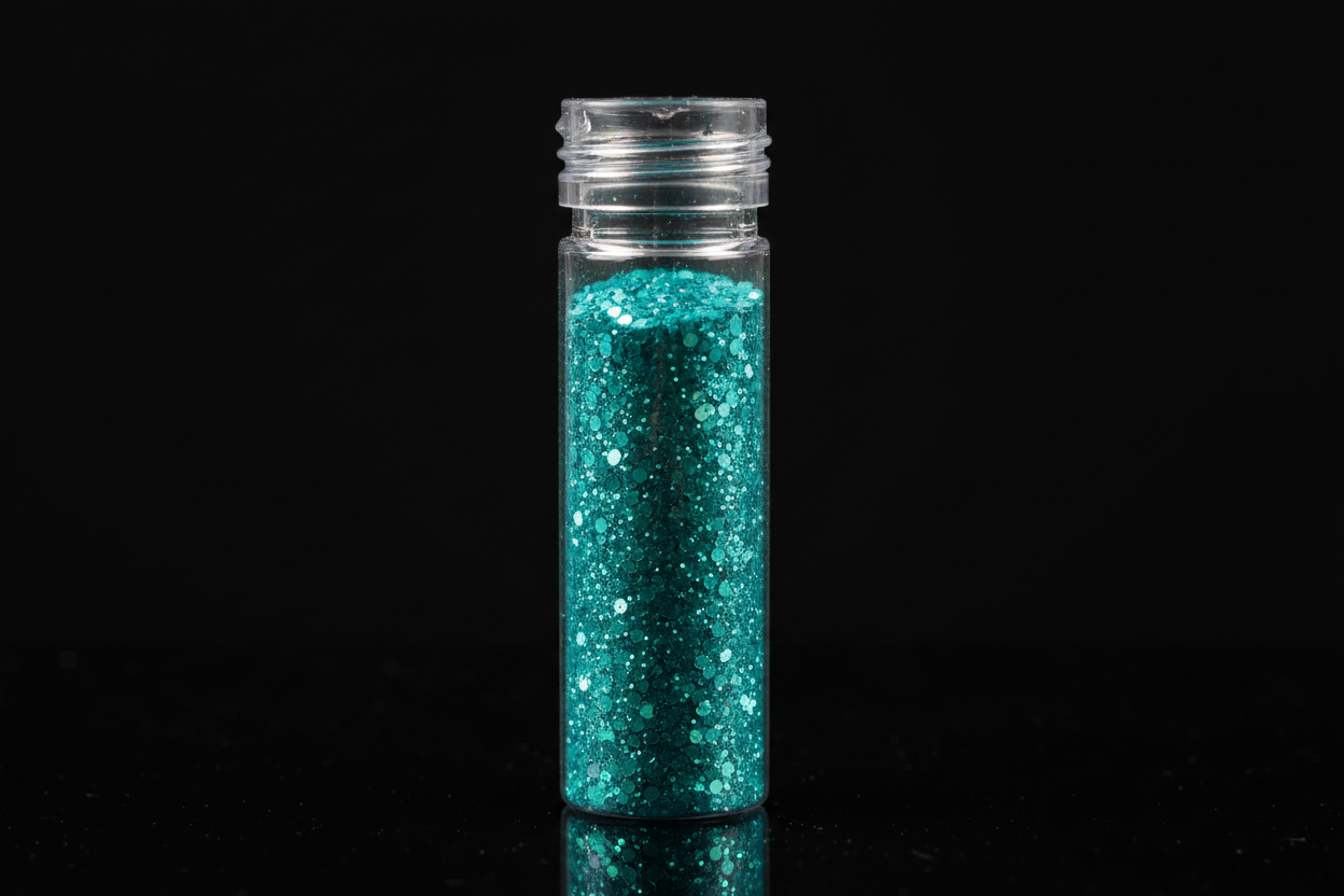 Plastic bottle of teal glitter on black background