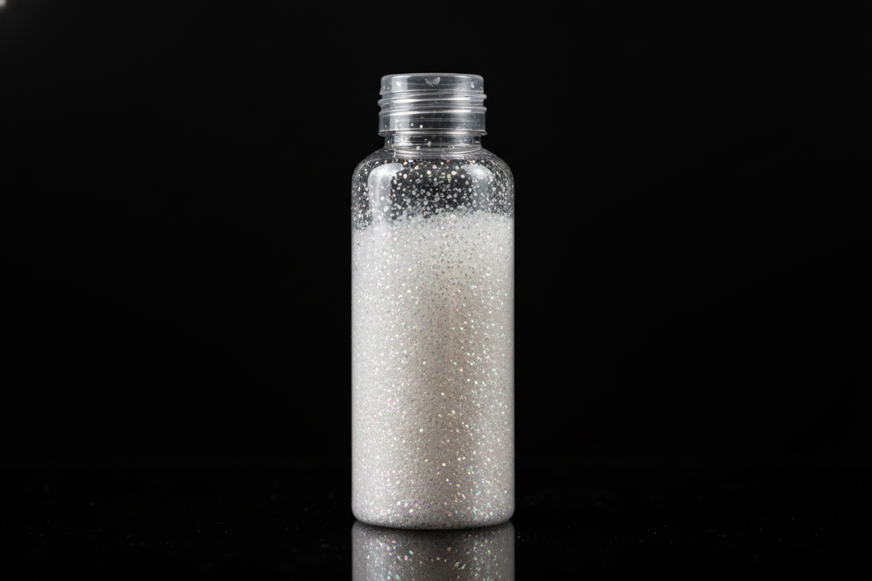 Plastic bottle of white glitter on black background