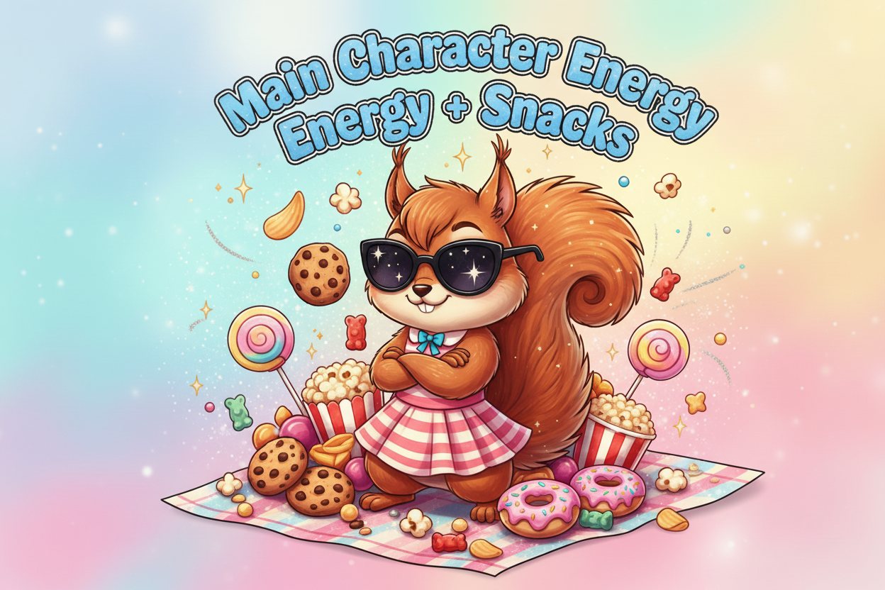 Main Character Energy + Snacks - Girl squirrel with dress and sunglasses