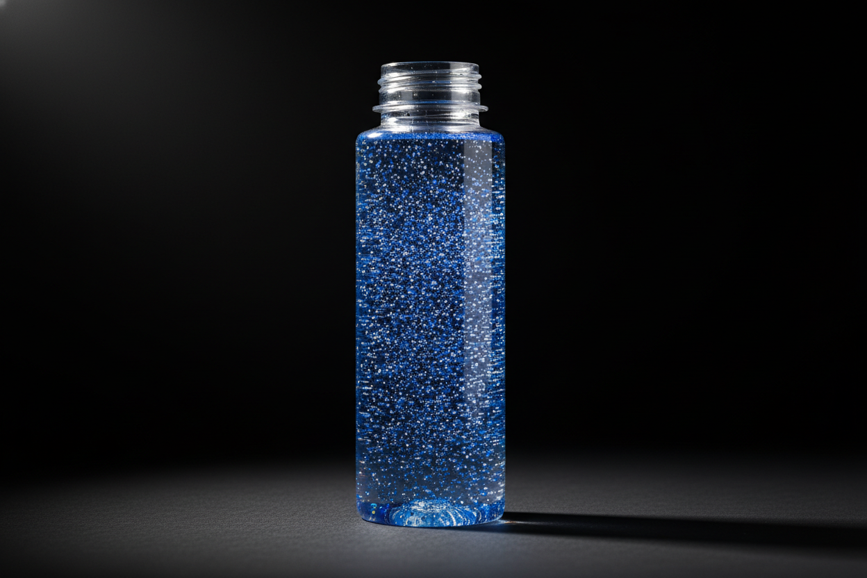 Plastic bottle of blue silver glitter on black background