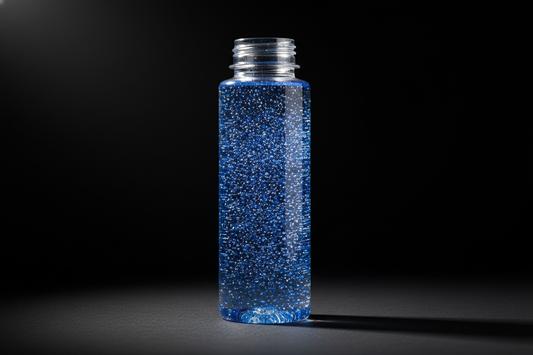 Plastic bottle of blue silver glitter on black background