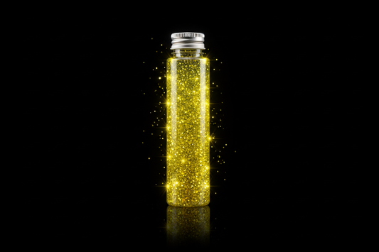 Plastic bottle of bright yellow glitter on black background