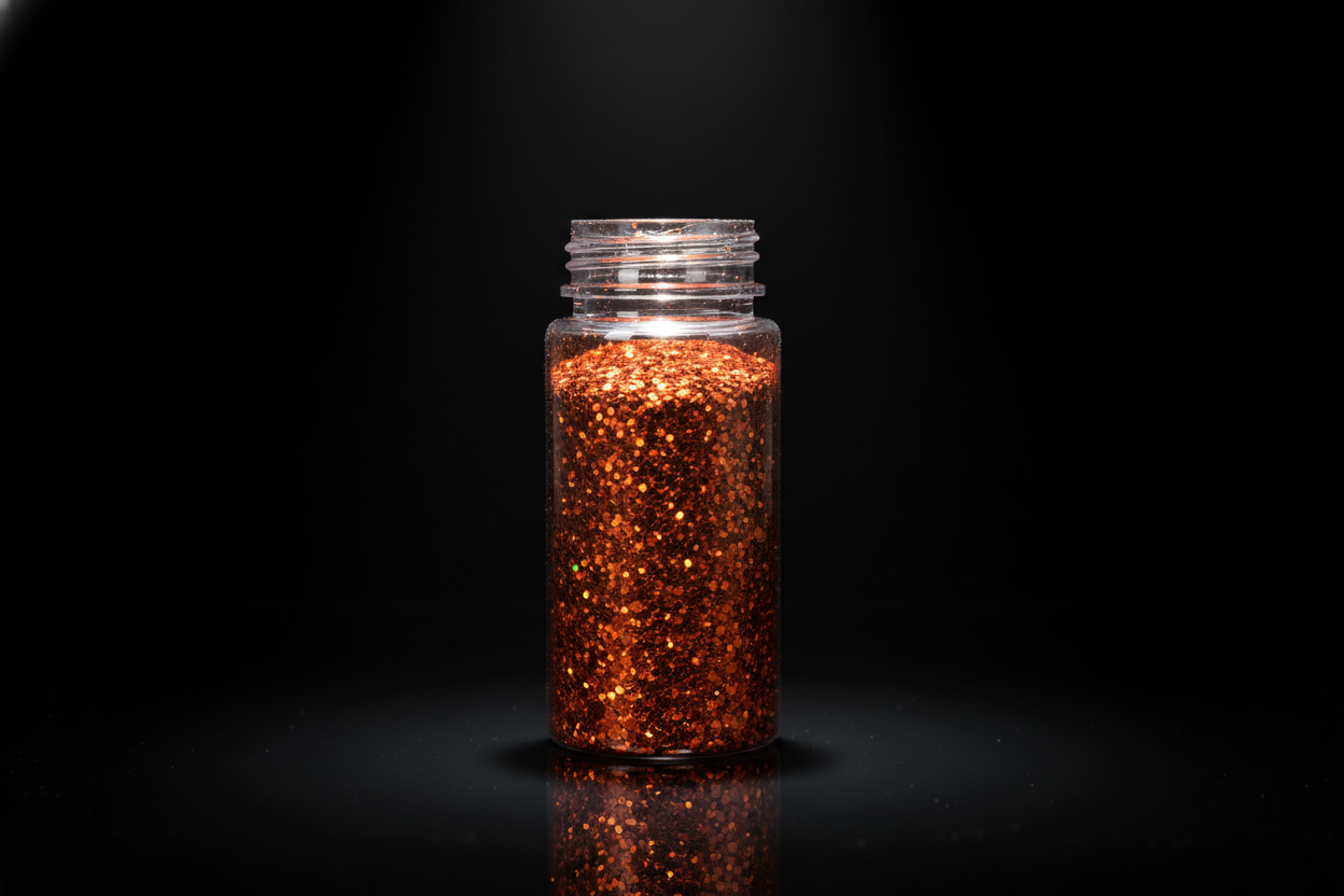 Plastic bottle of burnt orange glitter on black background