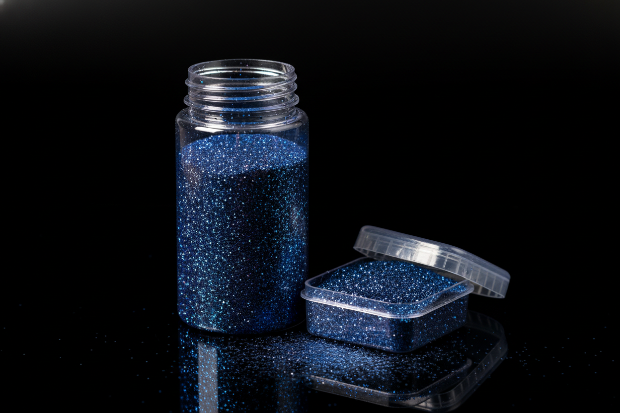 Plastic bottle of dark blue glitter on black background