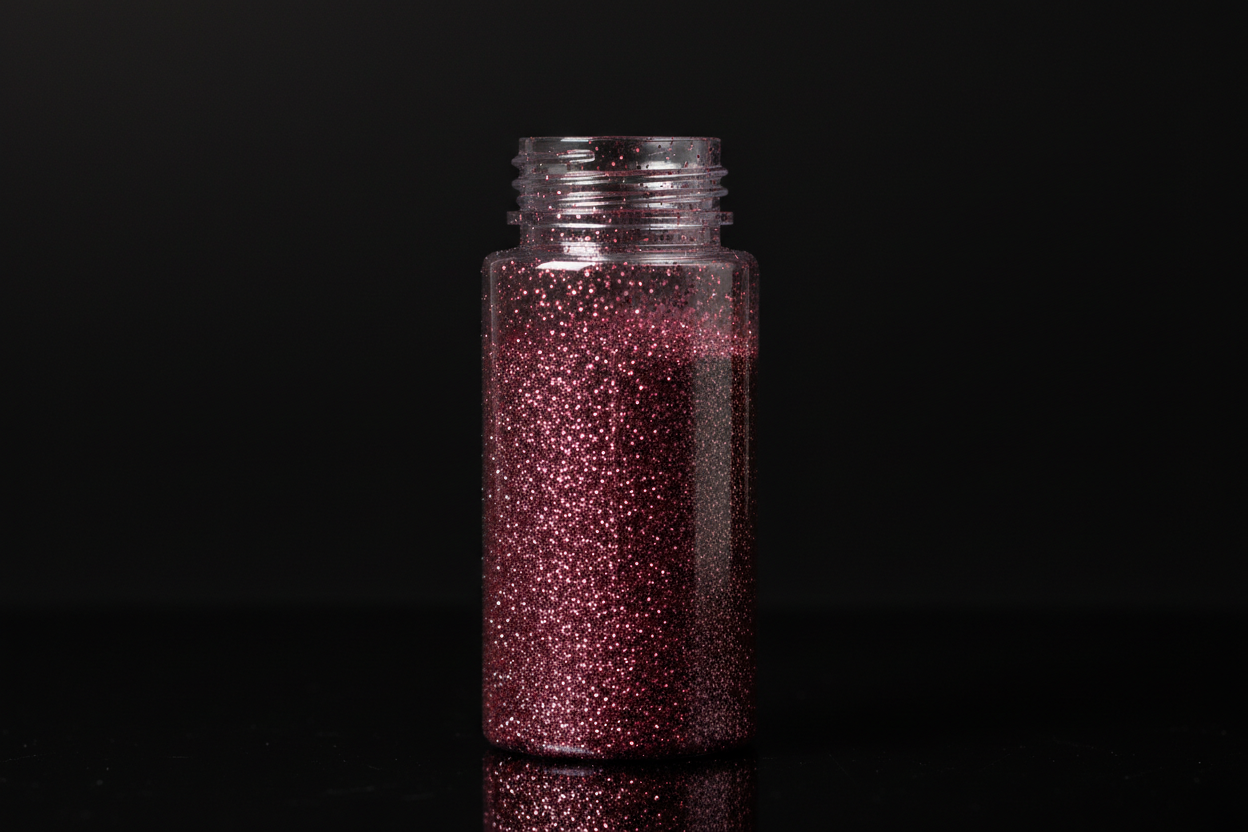 Plastic bottle of dark pink glitter on black background