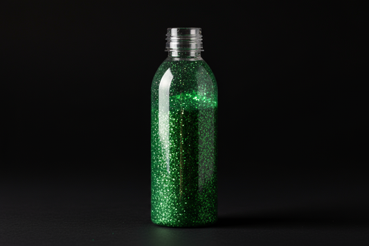 Plastic bottle of grass green glitter on black background
