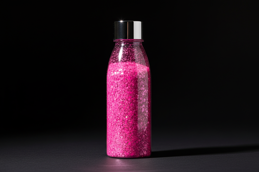 Plastic bottle of hot pink glitter on black background