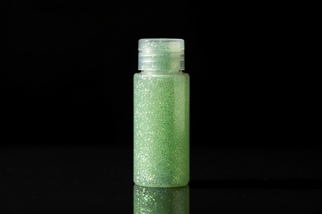 Plastic bottle of light green glitter on black background