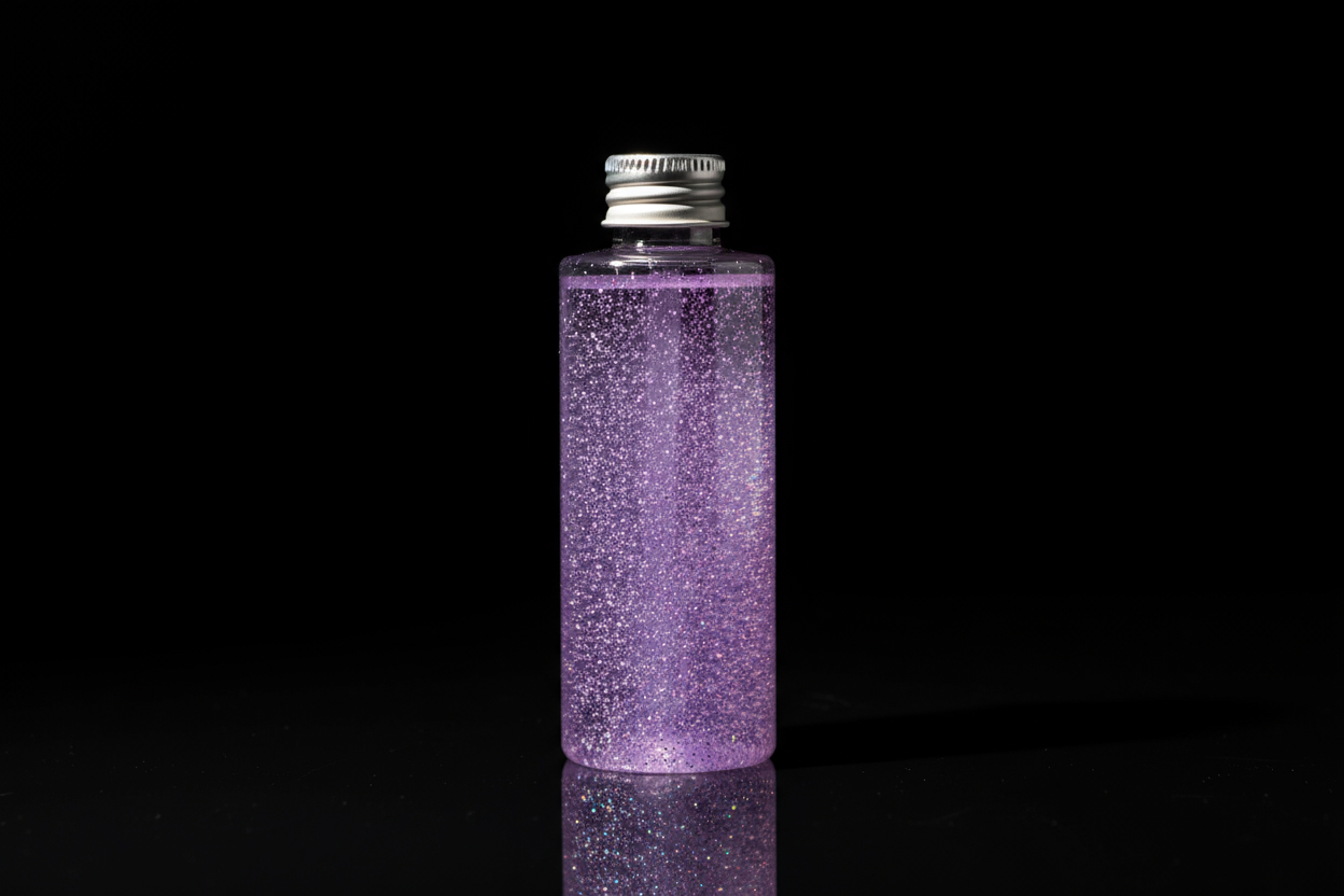 Plastic bottle of light purple glitter on black background