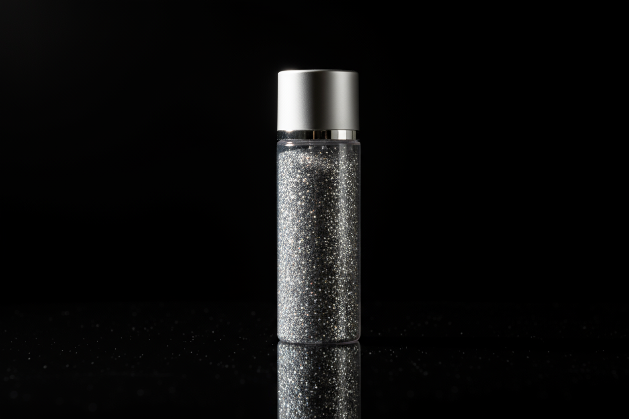 Plastic bottle of silver glitter on black background